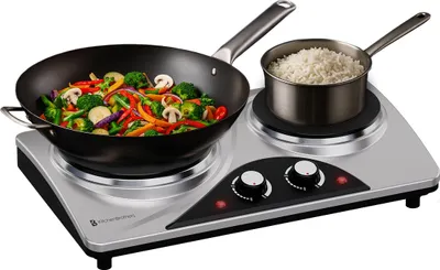 Produktbild von KitchenBrothers Elektrische Kochplatte - 2 Kochfelder - Freistehend - 7 Temperaturstufen - 1500W + 1000W - Edelstahl/Schwarz