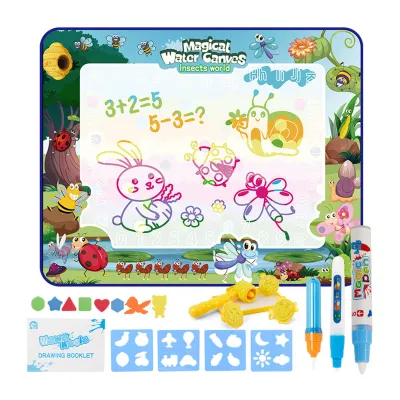 A children's water drawing mat with accessories, featuring insect and animal illustrations.