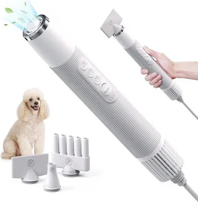 Obrázek produktu pro Profesionální fén na psí srst – 470 W – nastavitelná rychlost proudění vzduchu – tichý provoz – odolný proti vodě – s nástavci – bílý