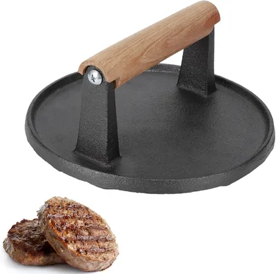Produktbild von Hamburgerpresse, Frikadellenpresse, antihaftbeschichtet mit Holzgriff, Fleischform für Burger, Patties, BBQ (runde Pressplatte)