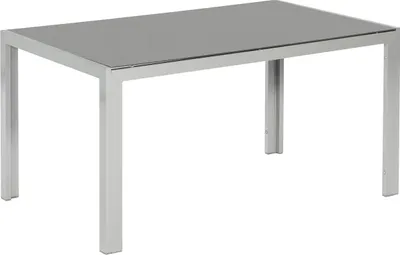 A product shot of a rectangular table with a glass top and silver metal legs, isolated on a white background.