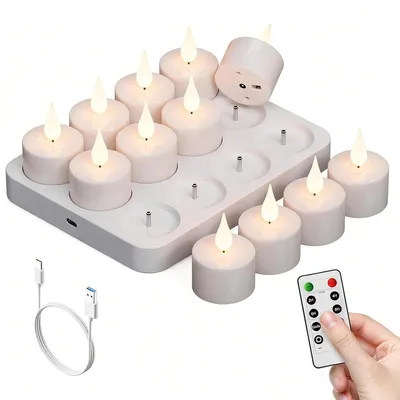 Produktbild von 12 flackernde Teelichter mit Ladestation,Wiederaufladbare LED-Teelichter ,Fernbedienung und Timer,deal für Zuhause, Hochzeit und Weihnachtsdekoration