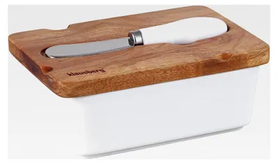 Produktbild von Butterdose aus Porzellan mit Holzdeckel und Buttermesser