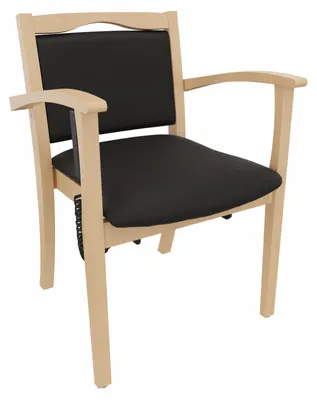 Produktbild von Seniorenstuhl Alexander mit Aufstehhilfe – Pflegestuhl mit Aufstehhilfe und Armlehnen – 47cm Sitzhöhe.Stoffbezug:Kunstleder Soft Camel,Bodengleiter:Kunststoff Weiss