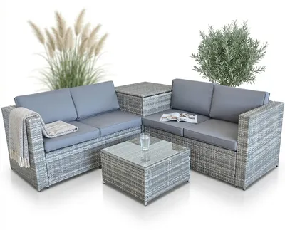 Produktbild von Mucola Gartenmöbel Sitzgruppe Sofa Polyrattan Sitzgarnitur Auflagenbox Couch Ecksofa Wohnlandschaft Sitzer Design Lounge - Grau