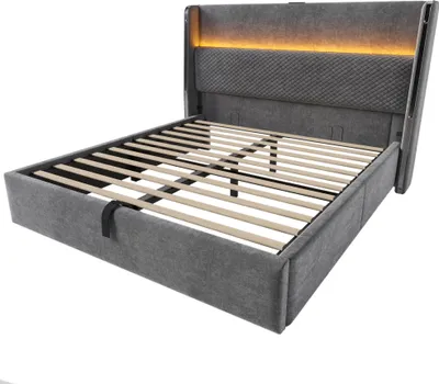 Produktbild von Flieks Hydraulisches Polsterbett 140x200cm mit USB/Type-C-Anschlüssen, Stauraumbett Doppelbett Jugendbett mit Led, Leinen, Grau