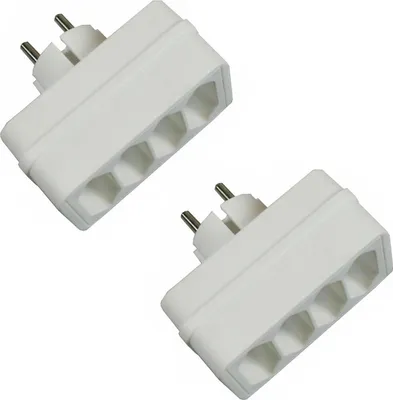 Two white multi-way plug adapters are shown against a white background.
