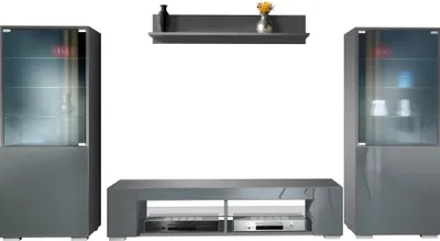 Produktbild von Vladon Wohnwand Nevada V2, Anbauwand bestehend aus 2 Vitrinen, 1 TV-Board und 1 Wandregal Anthrazit matt/Grau Hochglanz (304,5 x 141 x 39 cm)