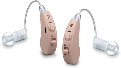 Produktbild von Hörgeräte-Geräuschverstärker, 2er Set, ergonomische Passform, je 3 Aufsätze, klarer Klang dank RIC-Design, USB-Ladestation, Aufbewahrungsbox