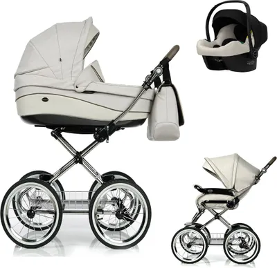 A collage of a baby stroller system with a bassinet, a car seat, and a stroller seat.