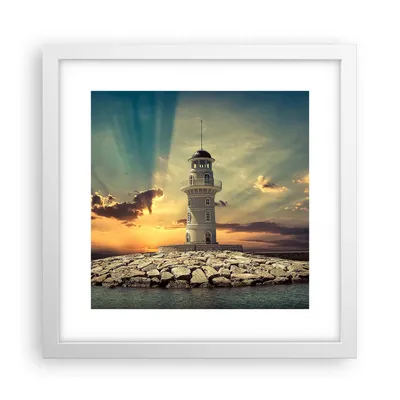 Produktbild von Gerahmtes Poster - Weißer Rahmen - Leuchtturm Wasser Meer Steine - 30x30 cm - Wand Bild - Wanddeko - Wandbilder - Wandposter - Bilderrahmen - Bilder - Kunstdruck - Wandbild - P2WAC30x30-2895