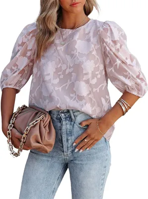 Image de ASKSA Chemisier Femme Elégant Mousseline Chemise Col rond Tunique d'été Tops Manches Puffantes Haut, Violet, M