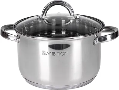 A stainless steel pot with a glass lid and handles, shown from the front.