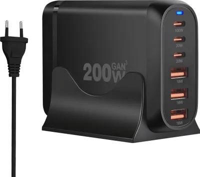 Immagine prodotto di CARICATORE VELOCE GaN 200W PD 3x USB C 3x QC 3.0 PER LAPTOP IPHONE 100W MAC