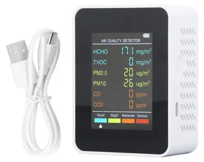 Obrázek produktu pro Monitor kvality vzduchu – přenosný detektor s LCD displejem s podsvícením, měřící CO₂, TVOC, HCHO, PM2,5 a PM10, s alarmem, bílý