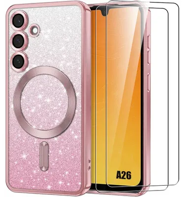 Image de Coque + 2 Verres Trempés pour Samsung Galaxy A26 5G, Silicone avec Cercle Magnétique Protection Caméra - Rose Scintillant