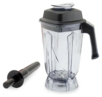 A blender jar and tamper are shown against a white background.