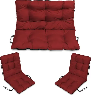 Three red cushions for a bench or chairs, displayed against a white background.