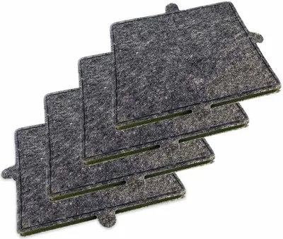 A stack of four charcoal-colored filters on a white background.