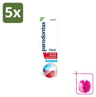 Imagen del producto de 5 tubos de pasta dental Parodontax Active Repair, sabor a menta fresca, para el cuidado de las encías, 75 ml. Pack ahorro - 5 unidades