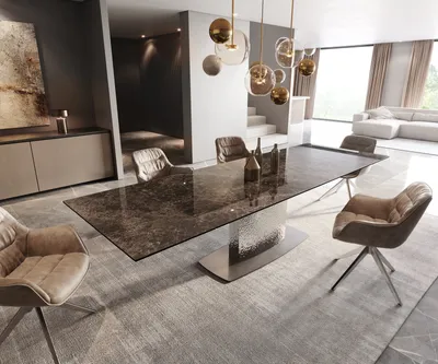 Produktbild von DELIFE Esstisch Edge 200-300x100 Keramik Emperador Extra Lucidato Dunkelbraun Wave Edelstahl ausziehbar