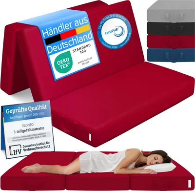 Produktbild von ELONEO Klappmatratze, Gästematratze, 3-teilige Faltmatratze, Schaumstoff extra dick(15cm),  Bandscheibenwürfel, klappbar, faltbare Matratze, (Rot)