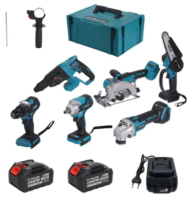 Obrázok produktu pre Sada akumulátorového náradia Drillpro 6 v 1 bezkefové 18 V: vŕtačka s príklepom, uhlová brúska, vŕtačka s príklepom, reťazová píla, okružná píla, skrutkovač s príklepom, 2 akumulátory + 1 nabíjačka
