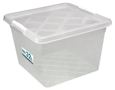 A clear studio shot of a transparent storage box with a lid.