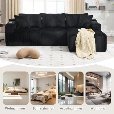 Immagine prodotto di Set divano modulare con chaise longue e divanetto a due posti, rivestimento in morbido velluto a coste, con 5 cuscini, tasche laterali e portabevande, schiuma ad alta densità, combinazione fai da te, ideale per salotti, appartamenti e monolocali.
