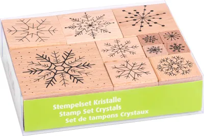 A set of snowflake-shaped rubber stamps in a clear plastic box with a green label.