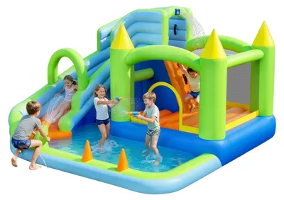 Image de VEVOR Château gonflable aquatique (344 x 374 x 213 cm), château gonflable avec toboggan aquatique, éléments gonflables, panier de basket, pataugeoire et jeu de lancer d'anneaux aquatiques, pour 3 à 4 enfants (âgés de 3 à 8 ans)