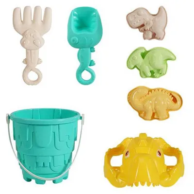 Produktbild von Wiky Sandspielzeug Dino 7 teilig mit Eimer Sieb Förmchen Rechen und Schaufel