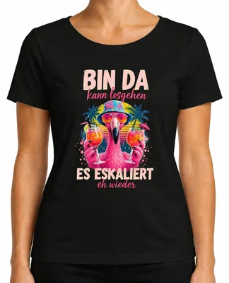 Zdjęcie produktu dla "Zaczynamy! To znów się pogorszy." Damski T-shirt "Flamingo Party", kolor: czarny, rozmiar: M