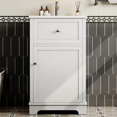 Produktbild von Flieks MDF-Waschtisch mit Auszugsschublade und verstellbaren Regalböden, Badezimmerschrank mit integriertem Waschbecken, Standschrank, Weiß