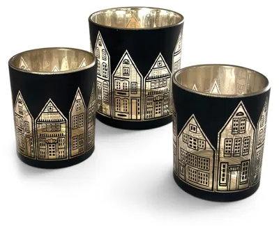Produktbild von Teelichtglas "House" 3er Set | Windlicht Weihnachtsdeko Schwarz / Gold