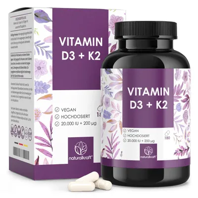 Produktbild von NATURALKRAFT® Premium Vitamin D3 + K2, 20.000 IE + 200 mcg, Depot (180 Kapseln, Hochdosiert und Vegan) – Deutscher Markenqualität
