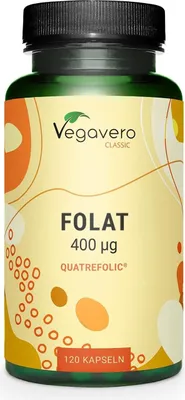 Obrázok produktu pre Vegavero folát | 120 kapsúl | 400 µg kyseliny listovej na kapsulu | Quatrefolic® 5-MTHF folát | vegan