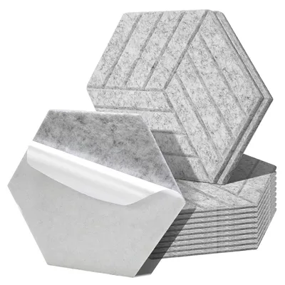 Obrázok produktu pre Peviasot Akustické panely z filcu, samolepiace, 12 kusov, šesťuholníkový tvar, 15 cm, zvukovoizolačné panely na stenu, hrúbka 0,9 cm, vzor v podobe pruhov, sivá farba
