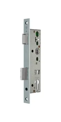 A close-up, studio shot of a door lock mechanism against a white background.