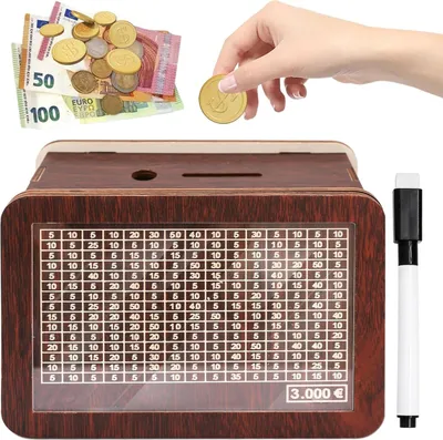 Produktbild von Spardose Sparbox aus Holz mit Zähler und Zahlen zum Ankreuzen mit Sparziel 3000€