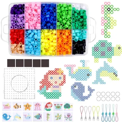 Image de Kit de perles à repasser XL, 1300 pièces, diamètre 10 mm, 14 couleurs, avec plaques et motifs d'animaux, pour enfants à partir de 3 ans