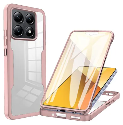 A pink and clear phone case is shown from two angles, with one angle showing the case with a phone inside.