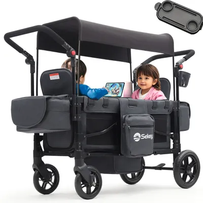 A double-seat wagon with two children inside, on a white background.