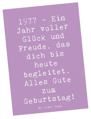 Produktbild von Mr. & Mrs. Panda Ansichtskarte Spruch 1977 Geburtstag - Lavendeltraum - Geschenk, Ansichtskarten, Jahr voller Freude, Postkarten, besonderes, Kunstkarten, Feier