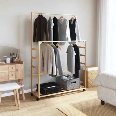 Immagine prodotto di Appendiabiti con Ripiani e Ruote 90x35x155 cm in Bambù
