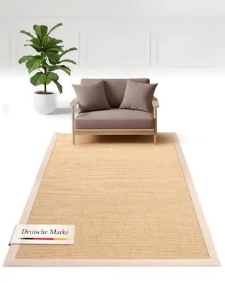 Produktbild von carpetfine Sisalteppich Naturfarbe 240x340 cm handgewebt mit Bordüre aus Baumwolle in Beige | Moderner Rutschfester Flachgewebeteppich Uni aus Naturfasern für Wohnzimmer, Schlafzimmer