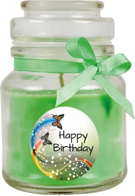Produktbild von Duftkerze im Bonbonglas "Happy Birthday", Duft: Kokos ( Grün ), 120g - Brenndauer bis zu 30 Stunden