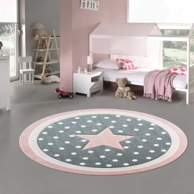 Produktbild von Kinderteppich Spielteppich Babyteppich rund mit Stern in Rosa Grau Weiss Größe - 120 cm Rund