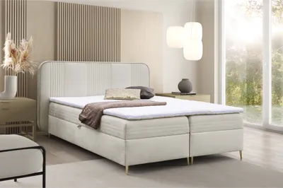 Produktbild von Boxspringbett GINA Doppelbett mit Bonellmatratze Topper und Bettkasten Bett Glamour Polsterbett mit abgerundetem Kopfteil Modern Schlafzimmer Vintage Schlafzimmerbett (140x200 beige)