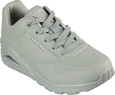 A single gray Skechers sneaker is shown from a side-angle against a white background.